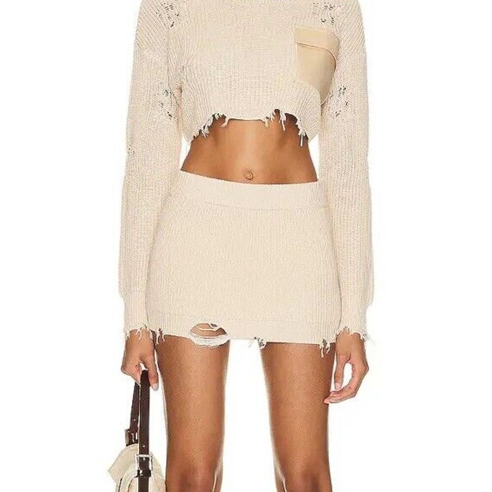 SER.O.YA Arola Skirt Rib Knit Cappuccino Beige Pull On Cotton Distressed XL NWT